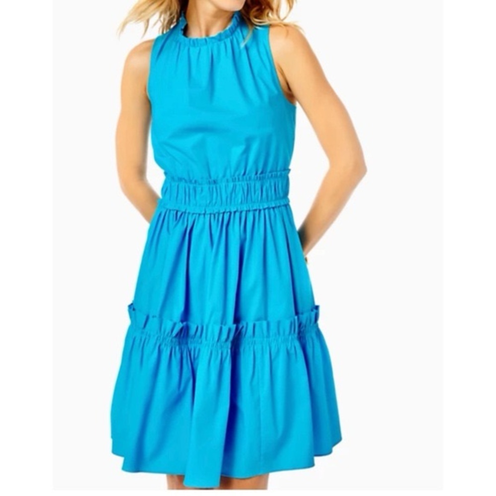 🆕NWT Lilly Pulitzer “Elina” Stretch Cotton Ruffle Dress – Size 2 – Cumulus Blue